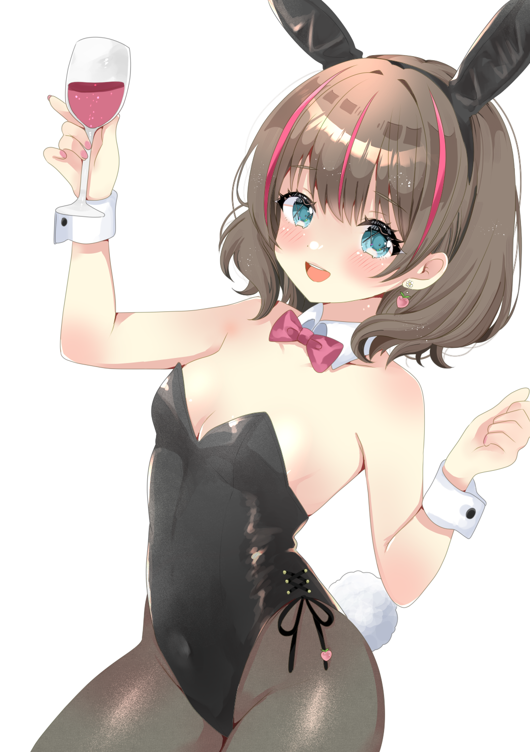rota kokko, original, highres, 1girl, animal ear hairband, animal ears, black leotard, black pantyhose, blue eyes, bow, bowtie, breasts, brown hair, cup, detached collar, drinking glass, fake animal ears, hairband, leotard, multicolored hair, pantyhose, playboy bunny, rabbit ears, rabbit tail, red bow, red bowtie, red hair, short hair, side-tie leotard, simple background, small breasts, smile, solo, strapless, strapless leotard, streaked hair, tail, white background, wine glass, wrist cuffs