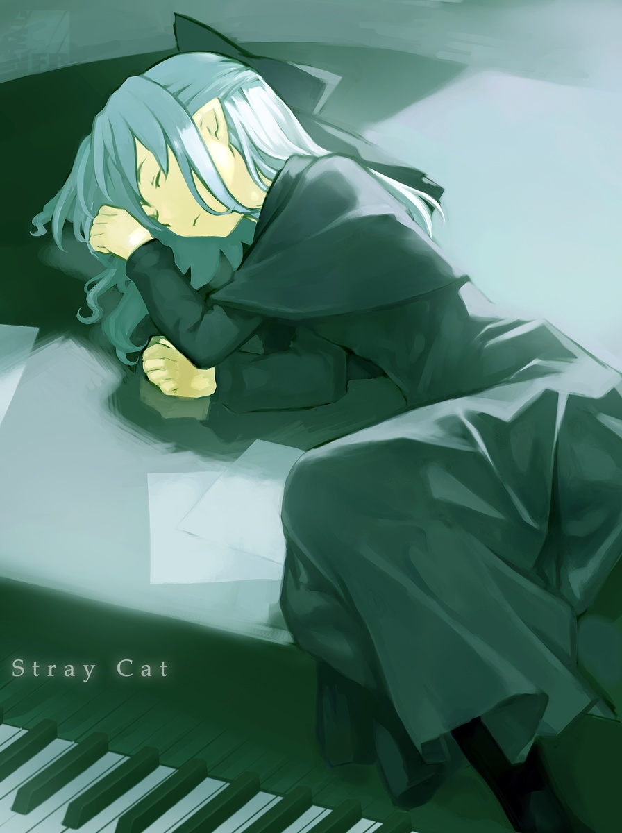 nfb-zmc, len (tsukihime), melty blood, tsukihime, type-moon, highres, 00s, 1girl, black dress, blue hair, bow, capelet, dress, female focus, hair bow, half updo, pointy ears, sleeping, solo