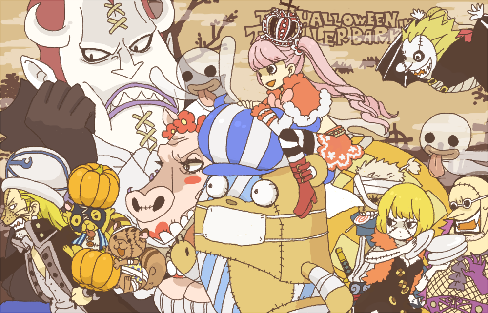 yukke, absalom, doctor hogback, gecko moria, hildon (one piece), kumacy, lola (one piece), perona, ryuuma (one piece), victoria cindry, one piece, striped legwear, 3girls, 6+boys, bandages, bat (animal), bat wings, blonde hair, blush stickers, boar, breasts, candy, capelet, carrying, cleavage, colored skin, crown, fangs, feather boa, flying, food, ghost, halloween, hat, head rest, horns, large breasts, lollipop, long hair, mask, mouth mask, multiple boys, multiple girls, piggyback, pink hair, plate, pumpkin, risky brothers, samurai, scar, sharp teeth, squirrel, stitches, striped clothes, striped thighhighs, stuffed animal, stuffed penguin, stuffed toy, sunglasses, surgical mask, teeth, thighhighs, thriller bark, twintails, white skin, wings, zombie