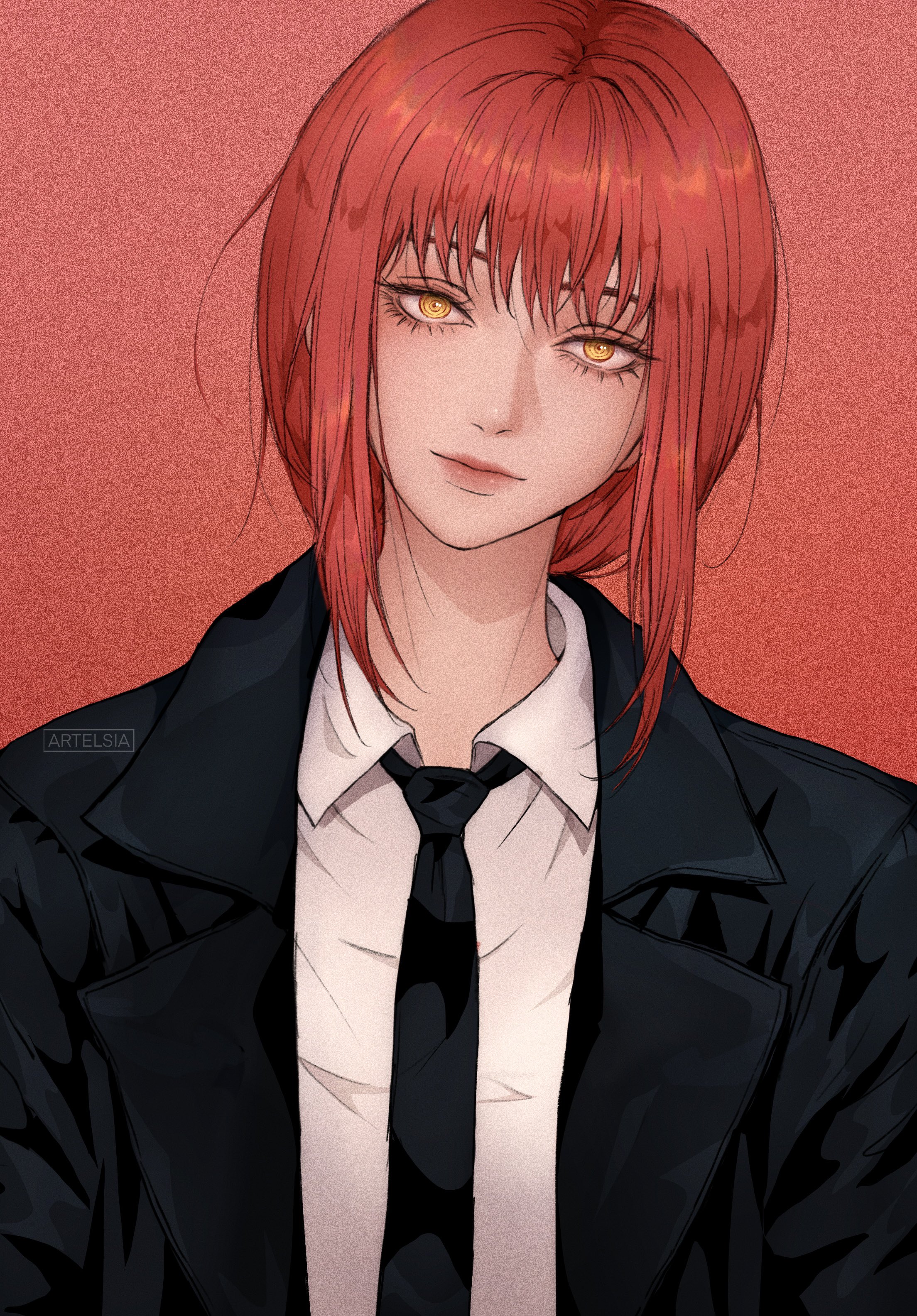artelsia, makima (chainsaw man), chainsaw man, absurdres, commentary, highres, 1girl, black suit, collared shirt, formal clothes, lips, looking at viewer, necktie, red background, red hair, red necktie, ringed eyes, shirt, signature, solo, suit, upper body, white shirt, yellow eyes
