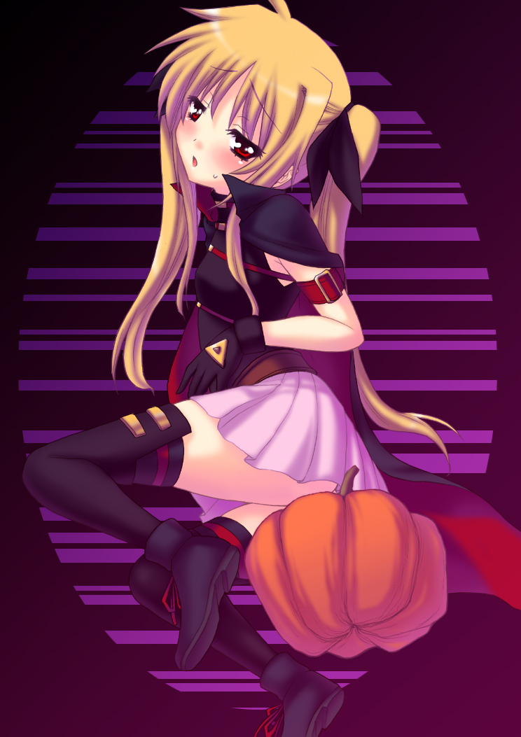 saki chisuzu, fate testarossa, fate testarossa (movie 1st form), lyrical nanoha, mahou shoujo lyrical nanoha, 00s, blush, pumpkin, solo, thighhighs