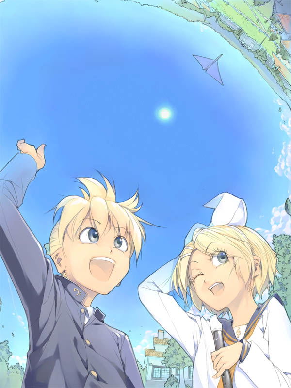 akinbo (hyouka fuyou), kagamine len, kagamine rin, vocaloid, bad id, bad pixiv id, 1boy, 1girl, blonde hair, blue eyes, brother and sister, day, gakuran, paper airplane, school uniform, serafuku, short hair, siblings, sky, sun, twins