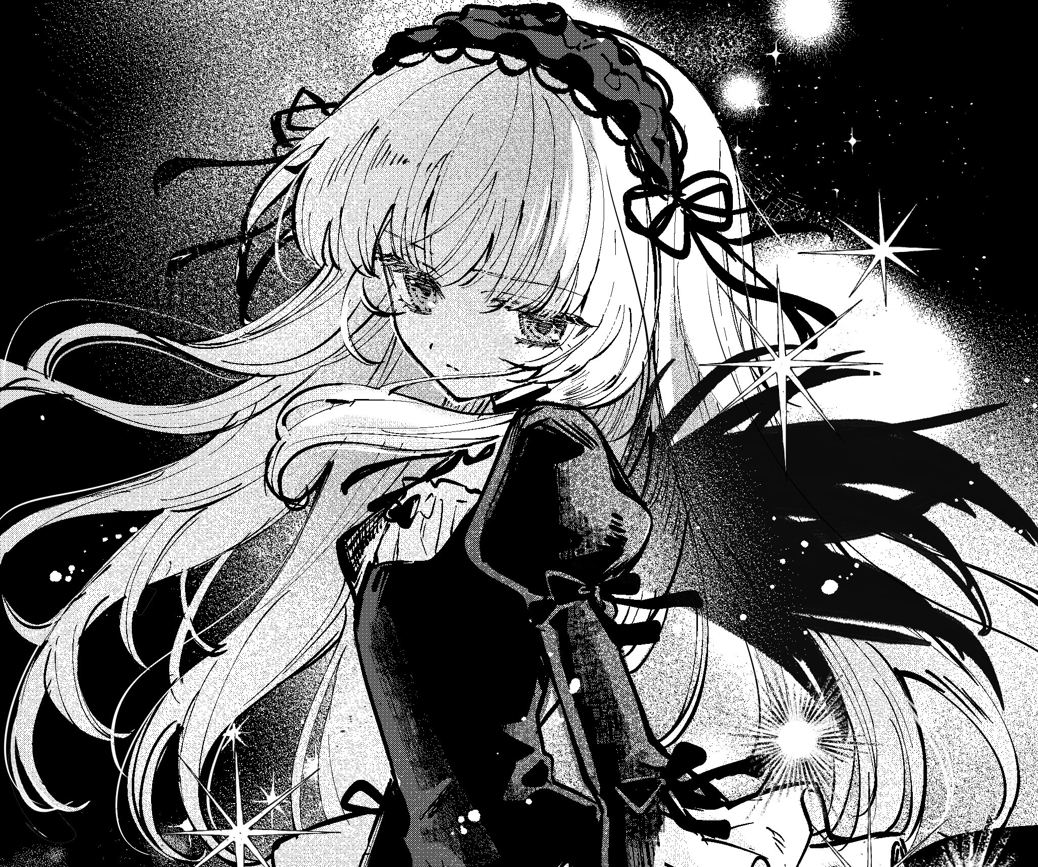 suigintou, rozen maiden, highres, 1girl, black bow, black dress, black hairband, black wings, bow, closed mouth, dress, frills, greyscale, hairband, juliet sleeves, long hair, long sleeves, looking at viewer, monochrome, puffy sleeves, solo, sparkle, tasuketei i, upper body, very long hair, wings
