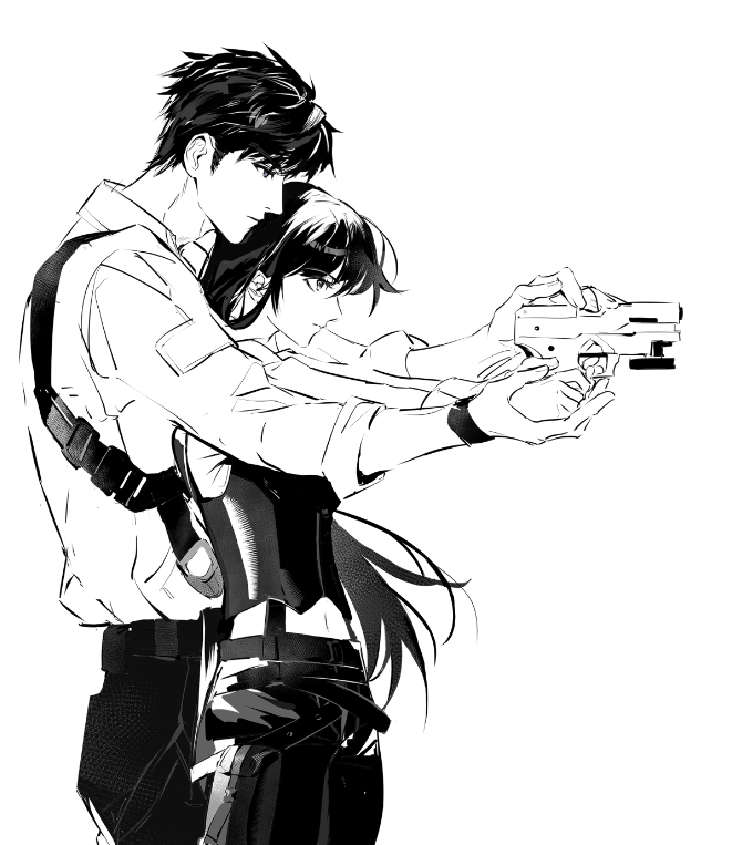 awkwardtomato, caleb (love and deepspace), protagonist (love and deepspace), love and deepspace, aiming, black hair, black pants, collared shirt, corset, couple, cowboy shot, greyscale, gun, hair between eyes, harness, hetero, holding, holding gun, holding hands, holding weapon, long hair, midriff, monochrome, navel, pants, shirt, short hair, sleeves rolled up, weapon, white background, white shirt