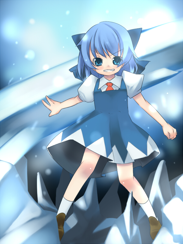 azuki akizuki, havemoon, cirno, perfect cherry blossom, touhou, 1girl, blue eyes, blue hair, child, dress, fang, female focus, grin, ice, matching hair/eyes, short hair, smile, solo, wings