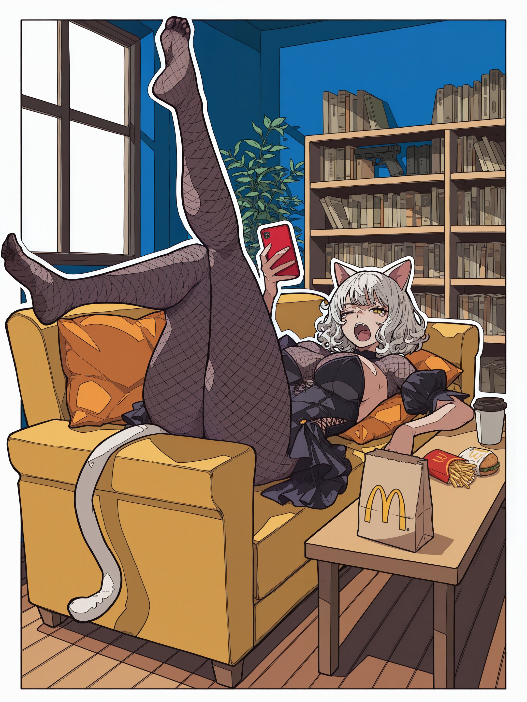 inaka mono, mcdonald's, absurdres, highres, 1girl, animal ears, bag, black dress, bookshelf, breasts, burger, cat ears, cat ggirl, coach, cup, disposable cup, dress, fishnet pantyhose, fishnet top, fishnets, food, french fries, holding, holding phone, indoors, large breasts, lying, medium hair, on back, open mouth, pantyhose, paper bag, phone, pillow, plant, puffy short sleeves, puffy sleeves, short sleeves, solo, table, teeth, white hair, white tail, wooden floor