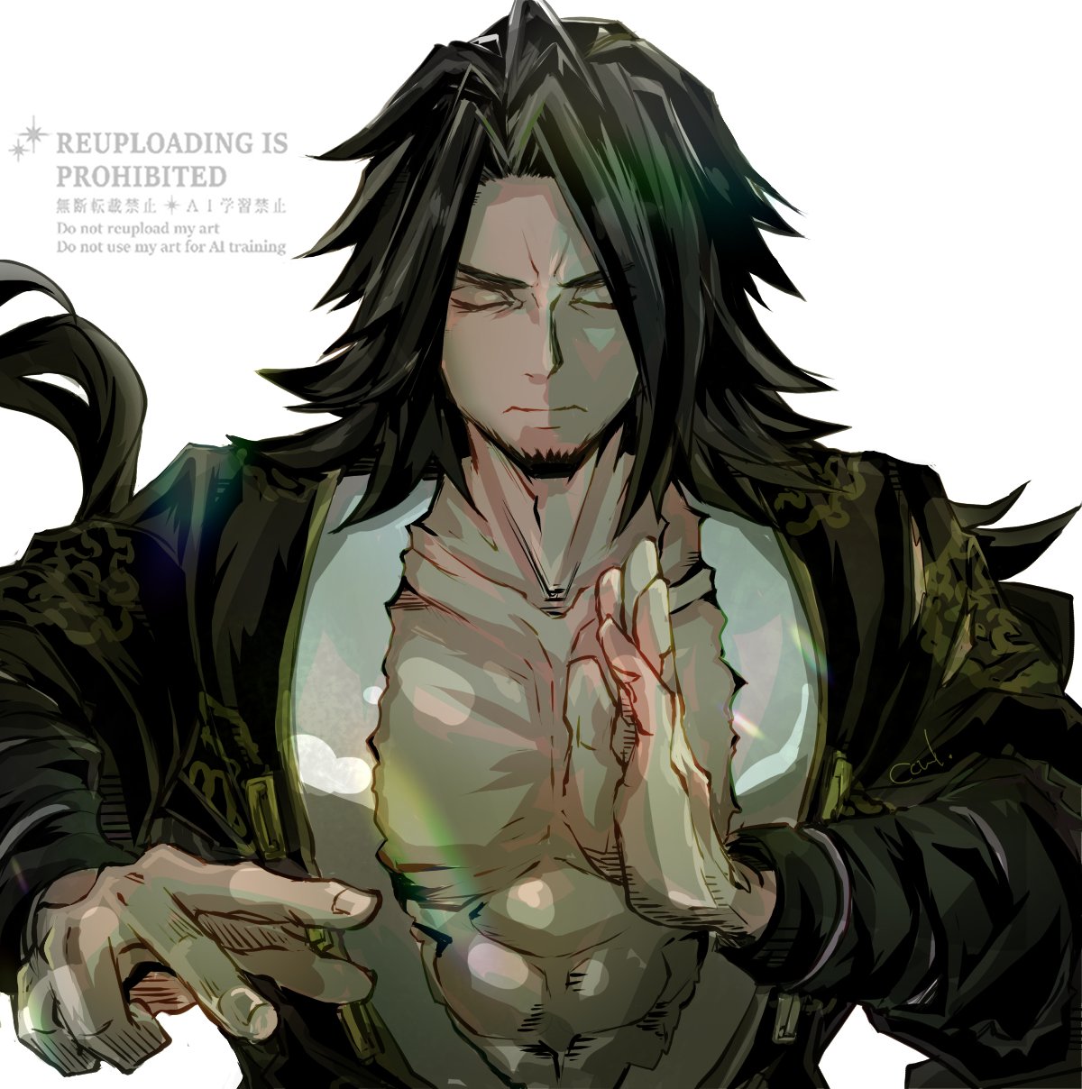 gato (snk), fatal fury, fatal fury: city of the wolves, highres, 1boy, abs, bare pectorals, black hair, chinese clothes, closed eyes, closed mouth, facial hair, goatee, long hair, male focus, muscular, muscular male, neli mmnn, open clothes, pectoral cleavage, pectorals, simple background, solo, upper body, v-shaped eyebrows, white background
