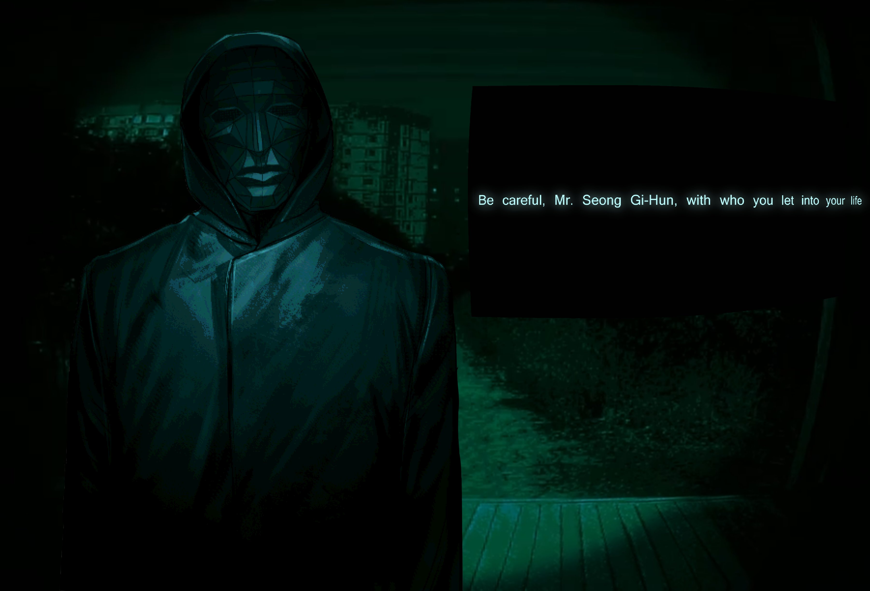 squid game, absurdres, highres, 1other, agremur, city, crossover, dark, english text, facing viewer, front-man (squid game), green theme, head tilt, hood, hood up, mask, night, no i'm not a human, porch, solo, standing