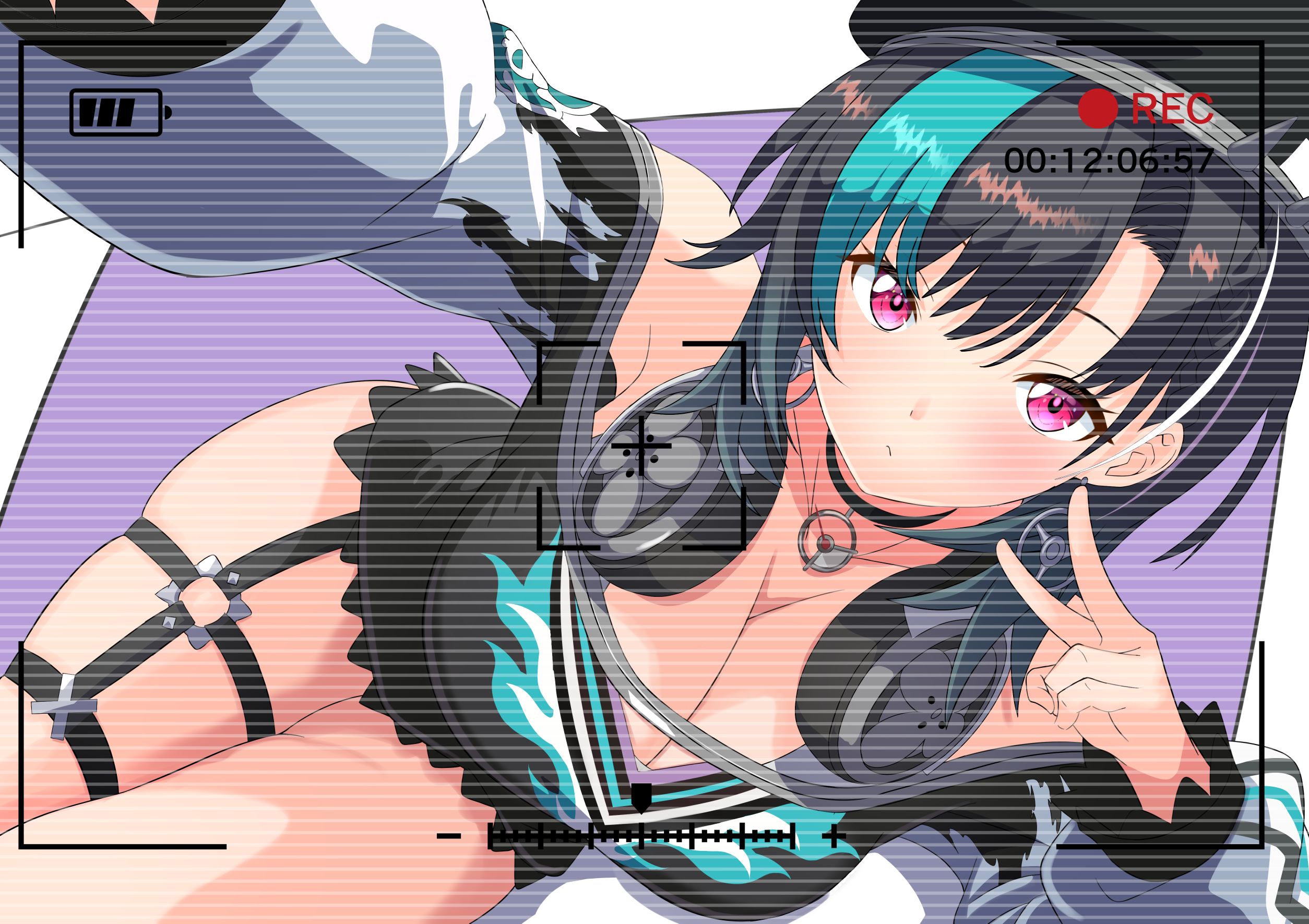pon tanuki (ga7fsrge9jxblaw), rindo chihaya, hololive, hololive dev is, highres, 1girl, aqua hair, arm up, black choker, black hair, black hat, blush, breasts, choker, cleavage, hat, headphones, headphones around neck, large breasts, looking at viewer, multicolored hair, o-ring, o-ring thigh strap, purple eyes, selfie, solo, streaked hair, thigh strap, thighs, v, viewfinder, virtual youtuber
