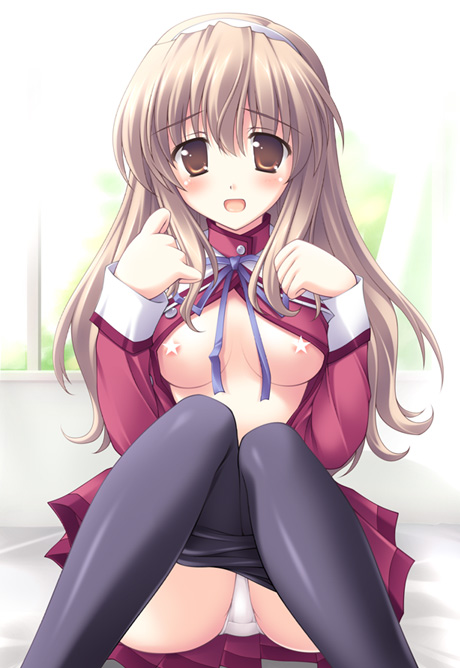 hironii (nirvana soft), nogizaka haruka, nogizaka haruka no himitsu, 00s, 1girl, bed, blonde hair, blush, breasts, brown eyes, brown hair, censored, clothes pull, female focus, hairband, headband, long hair, no bra, open clothes, open mouth, open shirt, panties, pantyhose, pantyhose pull, pantyshot, pointless censoring, ribbon, school uniform, serafuku, shirt, sitting, skirt, solo, star (symbol), underwear, upskirt, white panties