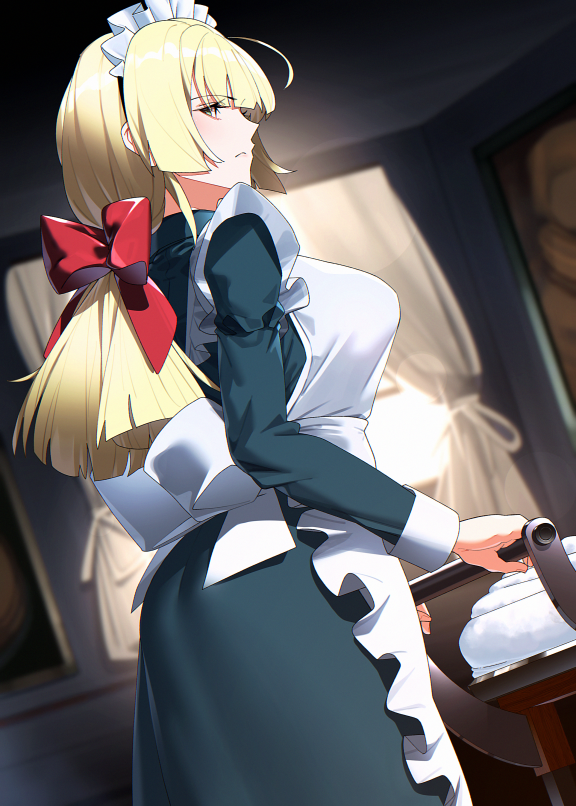tamamoice, rynzbelfeid, silent witch, 1girl, apron, blonde hair, blue dress, breasts, closed mouth, dress, from side, hair ribbon, large breasts, long hair, looking at viewer, maid, maid headdress, red ribbon, ribbon, serving cart, solo, tray, white apron