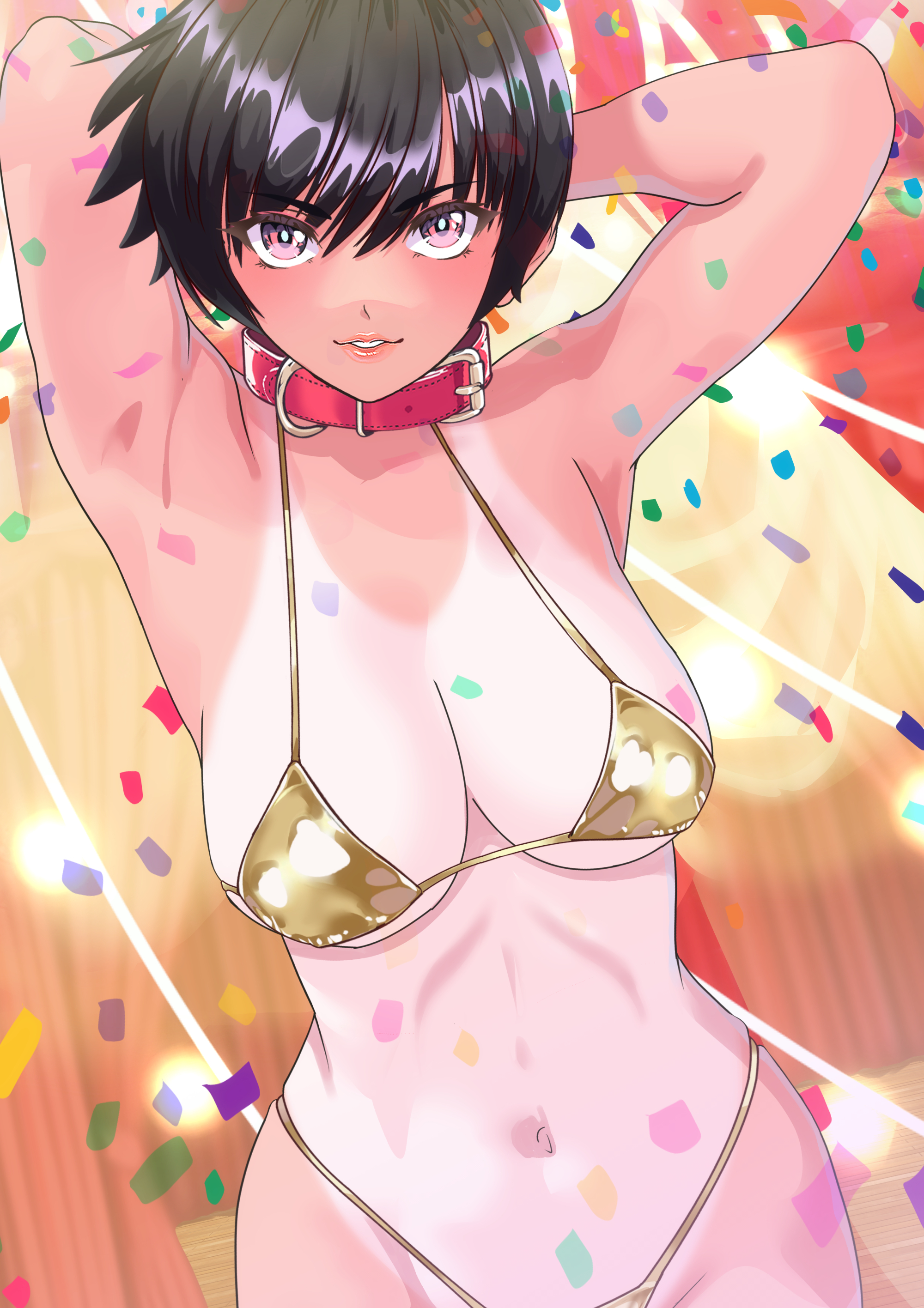 arion canvas, original, absurdres, highres, 1girl, arm behind head, armpits, bikini, black hair, breasts, collar, confetti, gold bikini, lipstick, looking at viewer, makeup, navel, one-piece swimsuit, parted lips, purple eyes, red collar, short hair, solo, swimsuit, tan