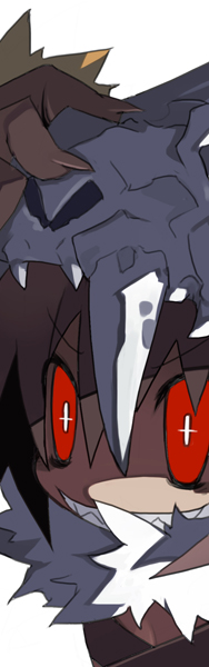 harada takehito, shaman (disgaea), sorcerer (disgaea), disgaea, makai senki disgaea 3, 1girl, brown hair, claws, crazy eyes, demon girl, female focus, flat chest, grin, red eyes, sharp teeth, simple background, skull, smile, solo, teeth