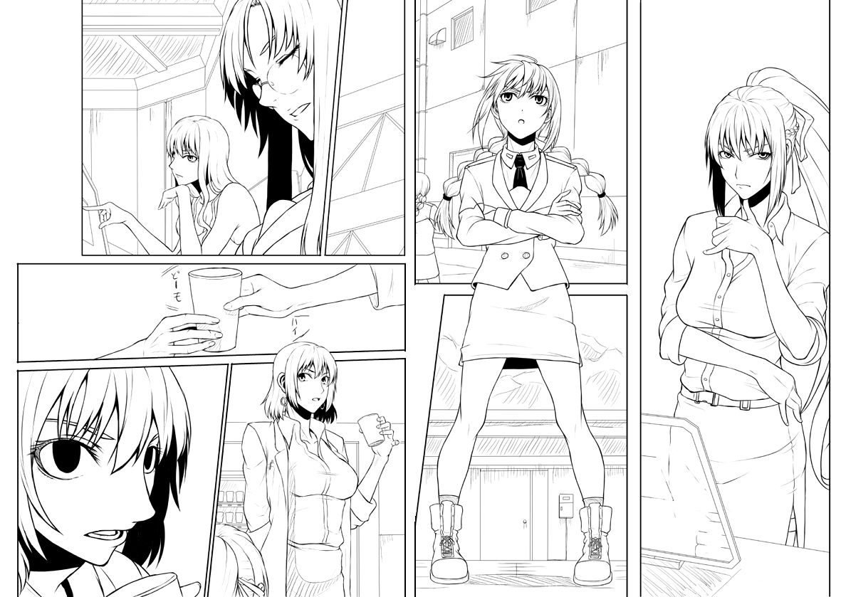 nakayama yukiji, shamal, signum, vita (nanoha), lyrical nanoha, mahou shoujo lyrical nanoha, mahou shoujo lyrical nanoha a's, mahou shoujo lyrical nanoha strikers, 00s, 5girls, :d, belt, blush, buckle, close-up, comic, greyscale, holding, long sleeves, looking at viewer, monochrome, multiple girls, open mouth, pencil skirt, skirt, sleeves rolled up, smile, standing