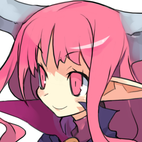 harada takehito, succubus (disgaea), disgaea, makai senki disgaea 3, lowres, 1girl, demon girl, female focus, horns, pink eyes, pink hair, pointy ears, portrait, red hair, solo