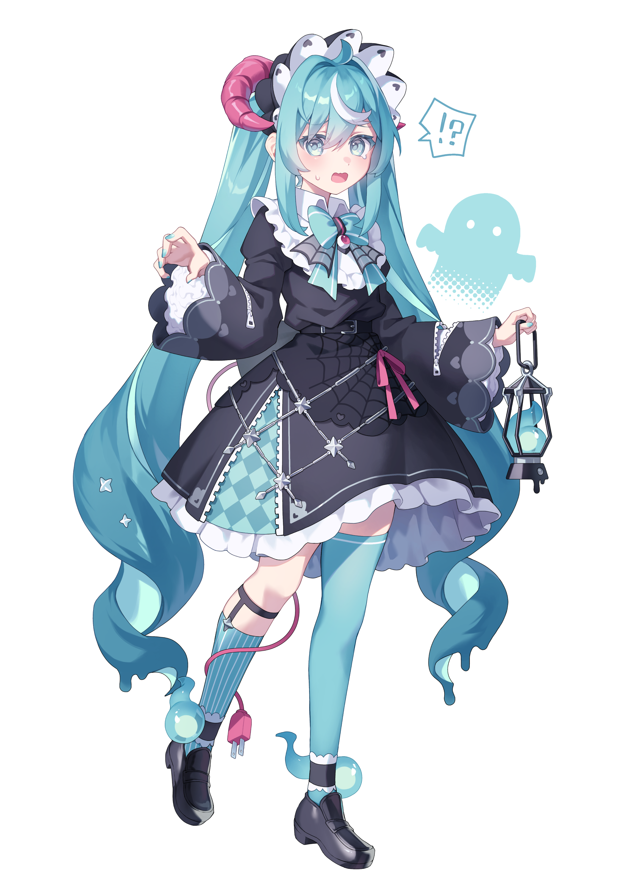kurobikari, hatsune miku, vocaloid, absurdres, commentary, highres, !?, 1girl, absurdly long hair, aqua eyes, aqua hair, aqua nails, aqua thighhighs, asymmetrical legwear, black dress, blush, bonnet, collar, demon horns, dress, frilled collar, frills, full body, ghost, goth fashion, gothic lolita, hair between eyes, holding, holding lantern, horns, lantern, lolita fashion, long hair, long sleeves, looking at viewer, open mouth, scared, simple background, single thighhigh, solo, spider web print, spoken interrobang, tears, thighhighs, very long hair, white background, wide sleeves