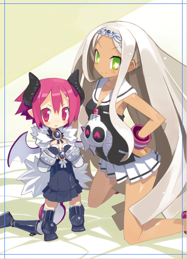 harada takehito, raspberyl, sapphire rhodonite, disgaea, makai senki disgaea 3, nippon ichi, official art, 2girls, bat wings, blush, child, cosplay, costume switch, demon girl, green eyes, horns, long hair, multiple girls, pink hair, raspberyl (cosplay), sailor collar, sapphire rhodonite (cosplay), school uniform, short hair, skirt, tail, thighhighs, white hair, white sailor collar, wings