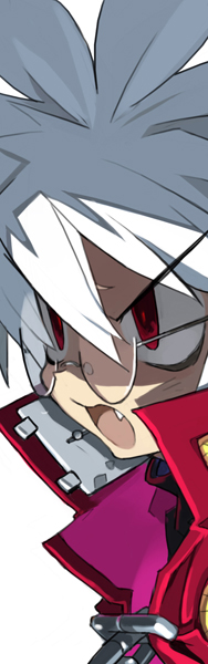 harada takehito, mao (disgaea), disgaea, makai senki disgaea 3, official art, >:o, 1boy, :o, chain, coat, furrowed brow, glasses, gradient hair, male focus, multicolored hair, open clothes, open coat, red coat, rimless eyewear, round eyewear, shaded face, simple background, solo, spiked hair, upper body, v-shaped eyebrows, white background, white hair
