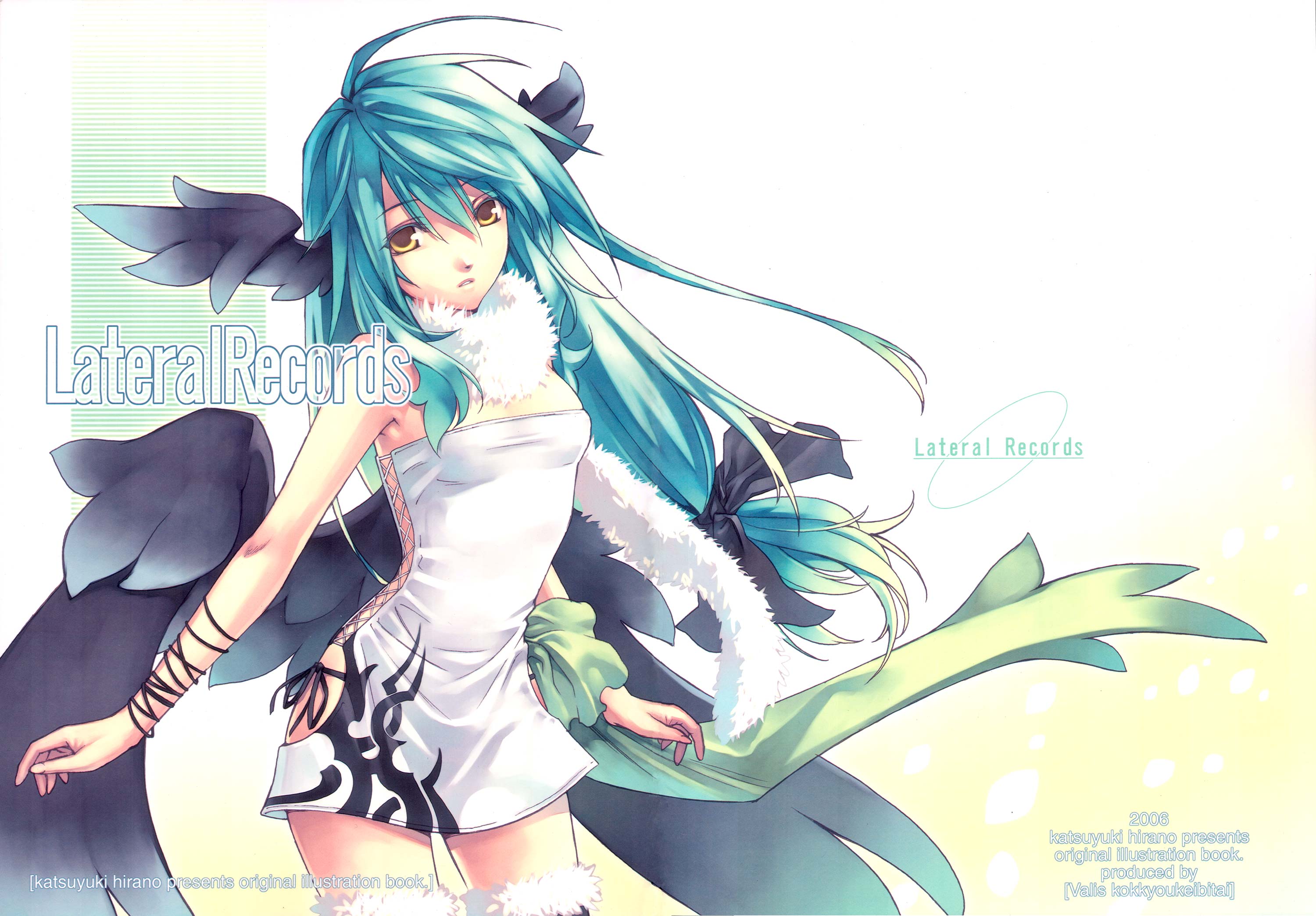 hirano katsuyuki, highres, tagme, black panties, clothing cutout, cowboy shot, green hair, hair between eyes, head wings, hip vent, long hair, low-tied long hair, panties, skin tight, solo, thighhighs, underwear, white background, wings, yellow eyes
