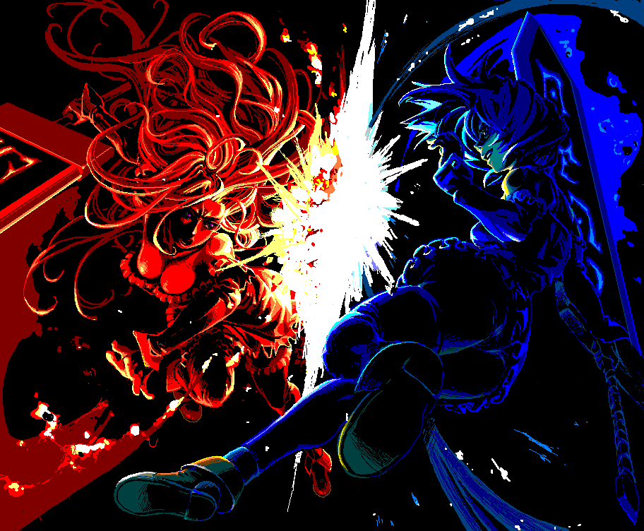 sanada-x, original, microsoft paint (medium), 2girls, battle, blue theme, breasts, cleavage, explosion, fire, ice, jaggy lines, medium breasts, monochrome, mspaint, multiple girls, oekaki, purple eyes, red theme, spot color, sword, weapon