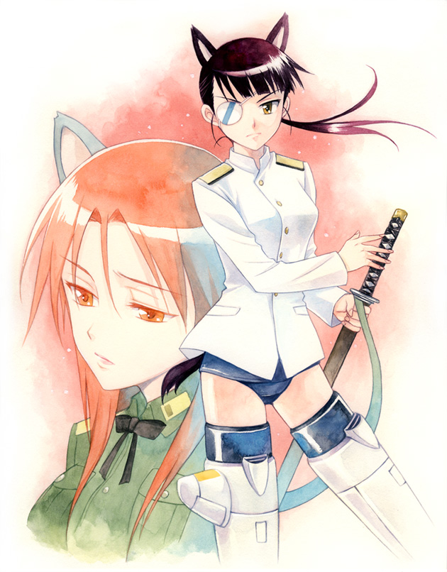 agahari, minna-dietlinde wilcke, sakamoto mio, strike witches, world witches series, 00s, 2girls, animal ears, cat ears, eyepatch, multiple girls, striker unit, sword, weapon