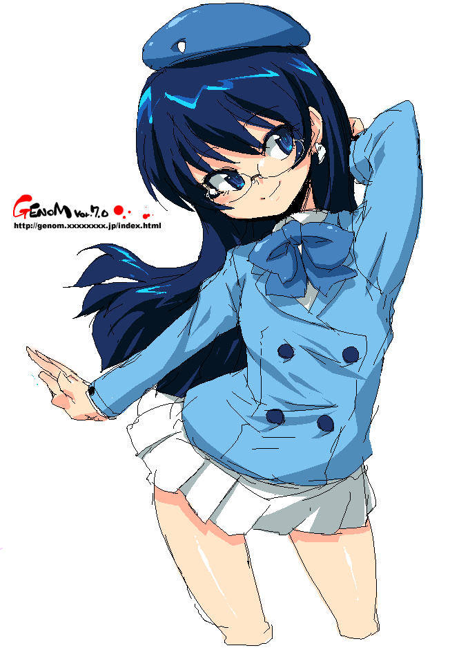 onija tarou, nogami aoi, zettai karen children, 00s, blue eyes, blue hair, earrings, glasses, hat, jewelry, long hair, oekaki, skirt, smile, solo