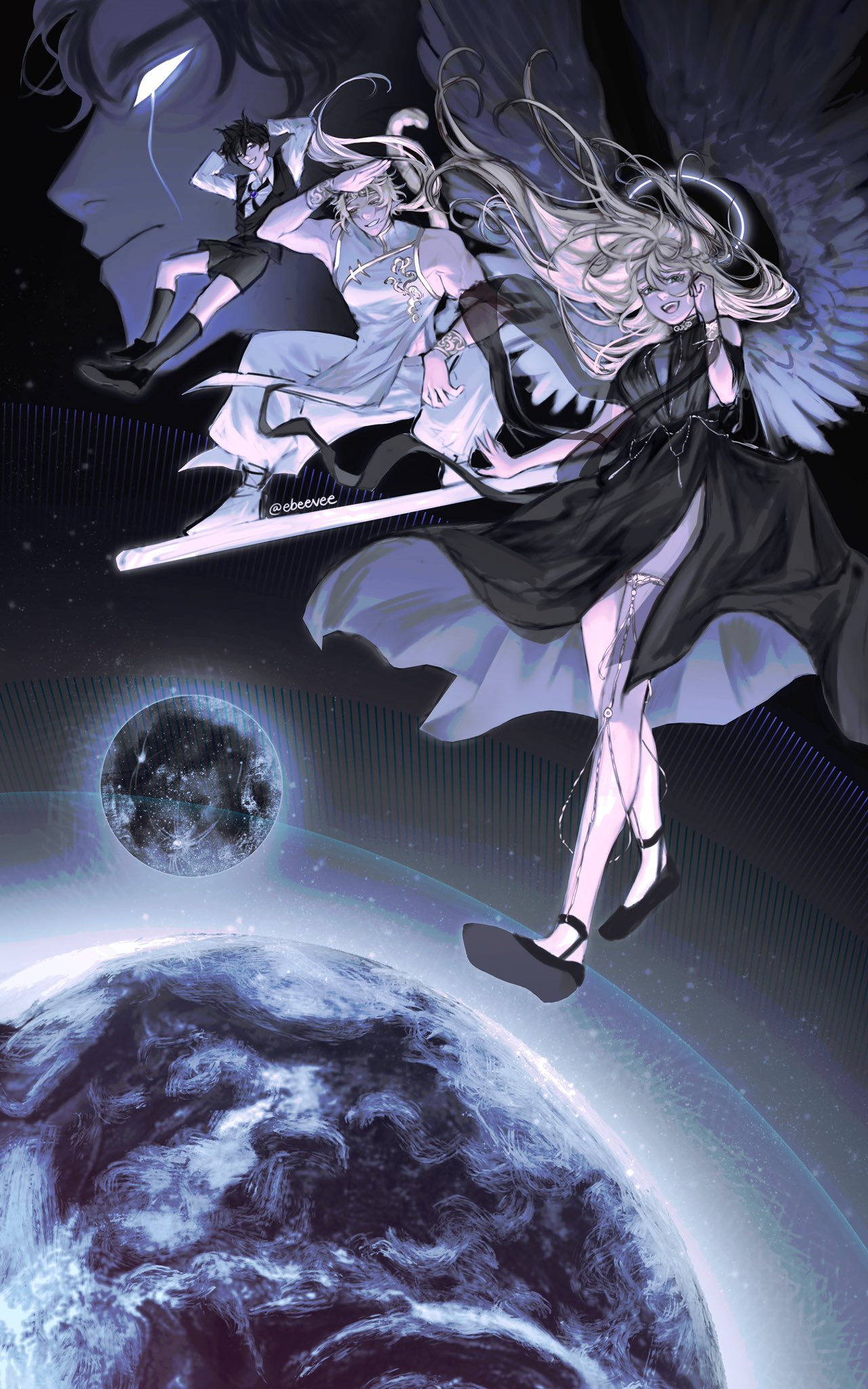 evie (baoxiao), secretive plotter, sun wukong (omniscient reader's viewpoint), uriel (omniscient reader's viewpoint), omniscient reader's viewpoint, highres, 1girl, 3boys, :d, abyssal black flame dragon (omniscient reader's viewpoint), arms behind head, atmospheric layer, bangle, black dress, black hair, black tunic, blonde hair, blue eyes, bracelet, breasts, collared shirt, crying, crying with eyes open, dragon horns, dress, feathered wings, floating, flying, full body, glowing, glowing eye, gold trim, grin, hair between eyes, hair flowing over, halo, hand on own face, horns, jewelry, kemonomimi mode, knees apart feet together, long hair, looking at viewer, low ponytail, monkey tail, moon, multiple boys, object riding, open mouth, outstretched arm, planet, ponytail, salute, sandals, serious, shirt, short hair, sidelocks, size difference, smile, space, tail, tears, tunic, very long hair, white shirt, white tunic, white wings, wings