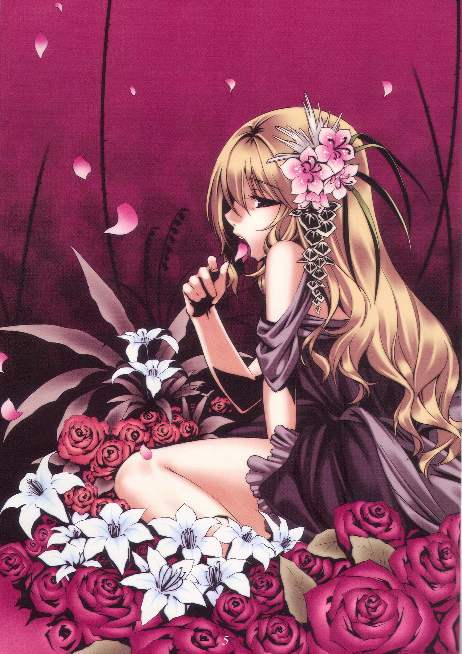 hirano katsuyuki, highres, blonde hair, brown eyes, flower, petals, sexually suggestive, solo