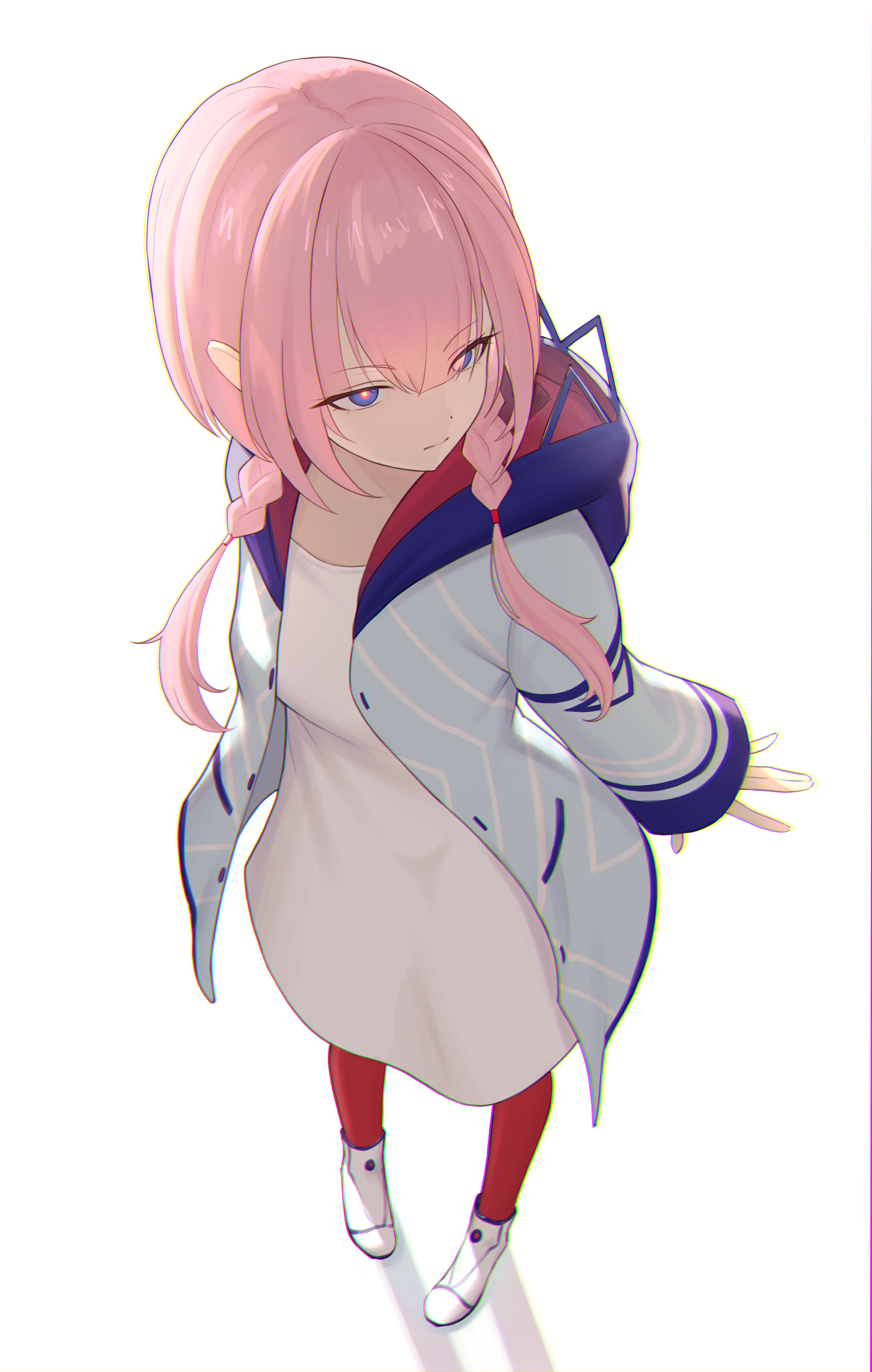 neko hiiragi, kaf (kamitsubaki studio), kamitsubaki studio, absurdres, commentary, highres, 1girl, blue hoodie, braid, chromatic aberration, closed mouth, from above, hair tie, hood, hood down, hoodie, long hair, long sleeves, multicolored hoodie, open clothes, open hoodie, pantyhose, pink hair, purple eyes, purple hoodie, red hoodie, red pantyhose, red pupils, serious, shirt, shoes, simple background, solo, twin braids, twintails, virtual youtuber, white background, white shirt, white shoes, yellow pupils