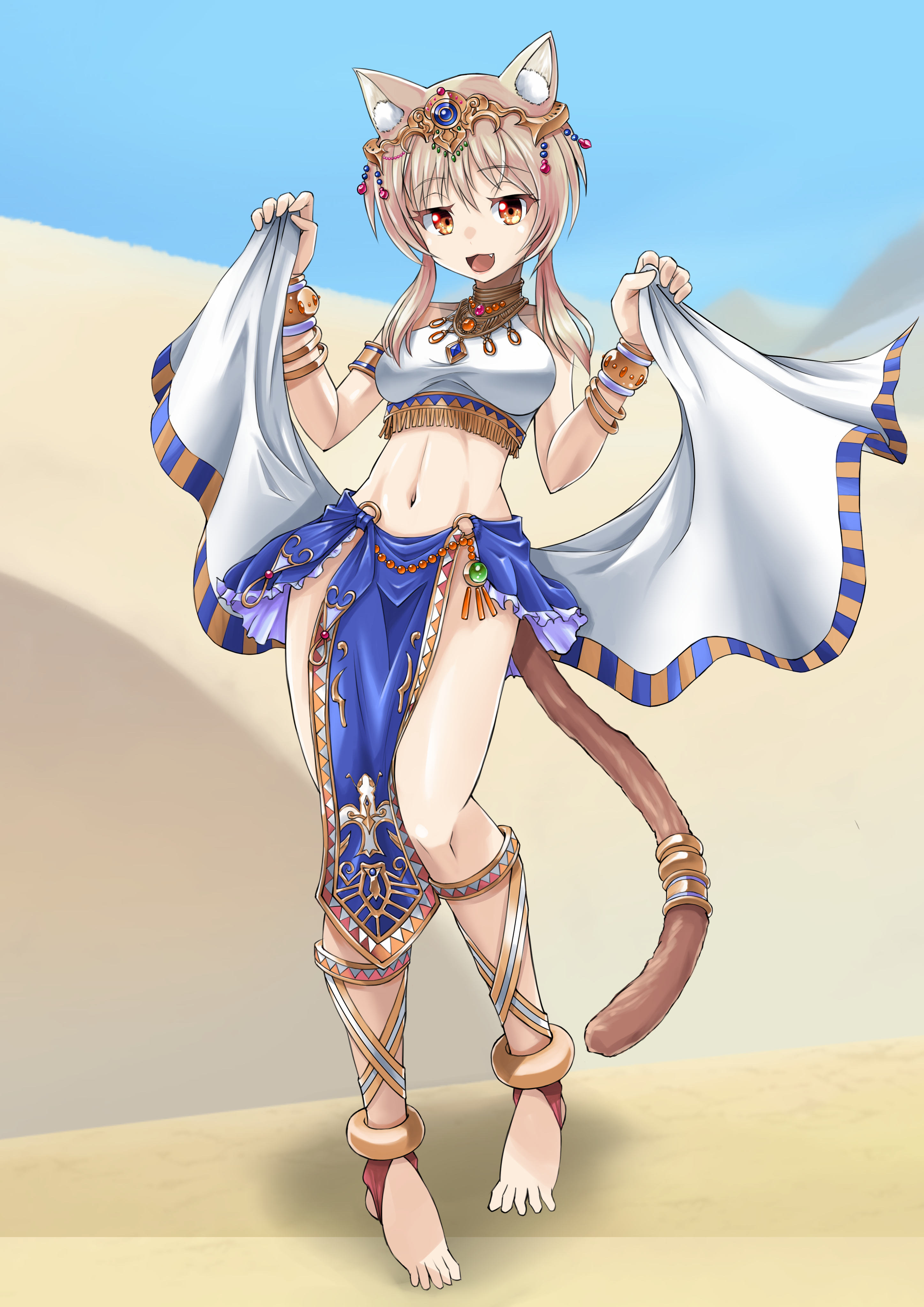 juuta-rou, laura kelyrie, iris mysteria!, absurdres, highres, 1girl, animal ears, arabian clothes, barefoot, blonde hair, blue skirt, breasts, cat ears, cat tail, crop top, day, desert, fang, large breasts, long sidelocks, navel, open mouth, orange eyes, pelvic curtain, shirt, sidelocks, skirt, solo, tail, tail ornament, tail ring, tiara, white shirt