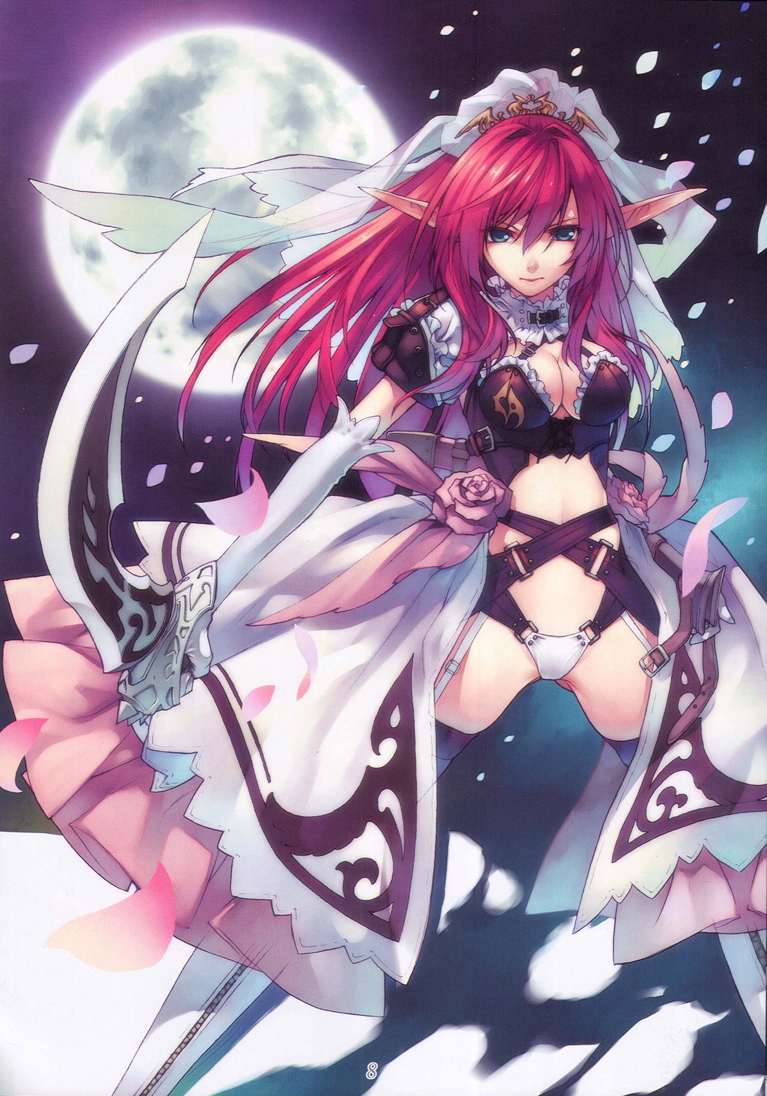 hirano katsuyuki, original, highres, non-web source, 1girl, blue eyes, breasts, cleavage, elf, fantasy, female focus, moon, o o, petals, pointy ears, red hair, solo, sword, weapon