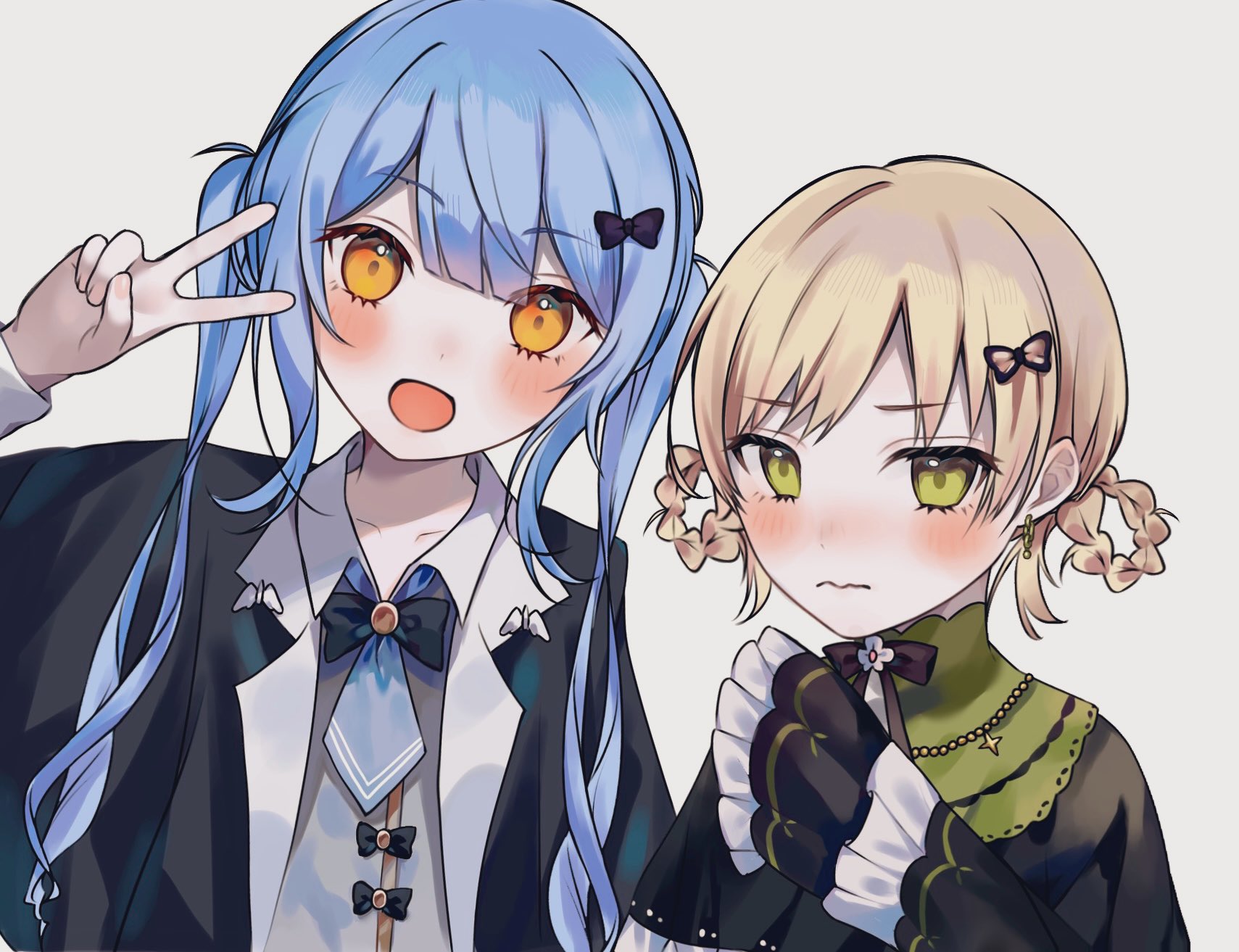 tachibana sherry, toono hanna, mahou shoujo no majo saiban, commentary request, highres, 2girls, :d, alternate hairstyle, black capelet, blonde hair, blue hair, blue necktie, blunt bangs, blush, bow, braid, braided hair rings, capelet, collared shirt, earrings, embarrassed, frilled sleeves, frills, green eyes, grey background, hair bow, hair rings, hairstyle switch, hand up, jewelry, long hair, looking at viewer, magical girl, mo84, multiple girls, necktie, open mouth, shirt, short hair, simple background, smile, twintails, upper body, v, yellow eyes