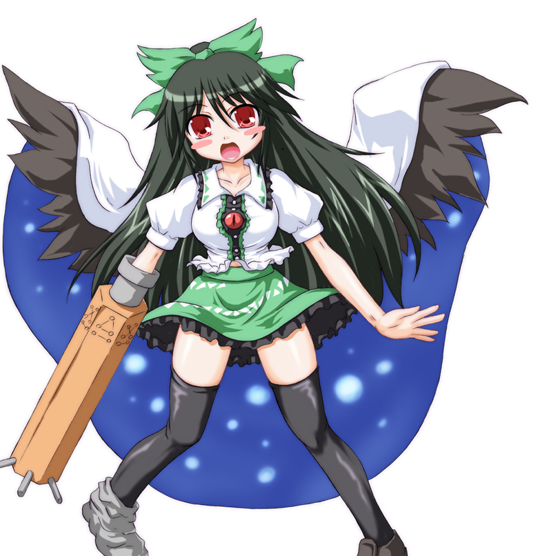 inasaki shirau, reiuji utsuho, touhou, 1girl, black hair, black wings, blush, bow, breasts, cape, female focus, hair ribbon, long hair, open mouth, red eyes, ribbon, simple background, skirt, socks, solo, thighhighs, white background, wings, zettai ryouiki