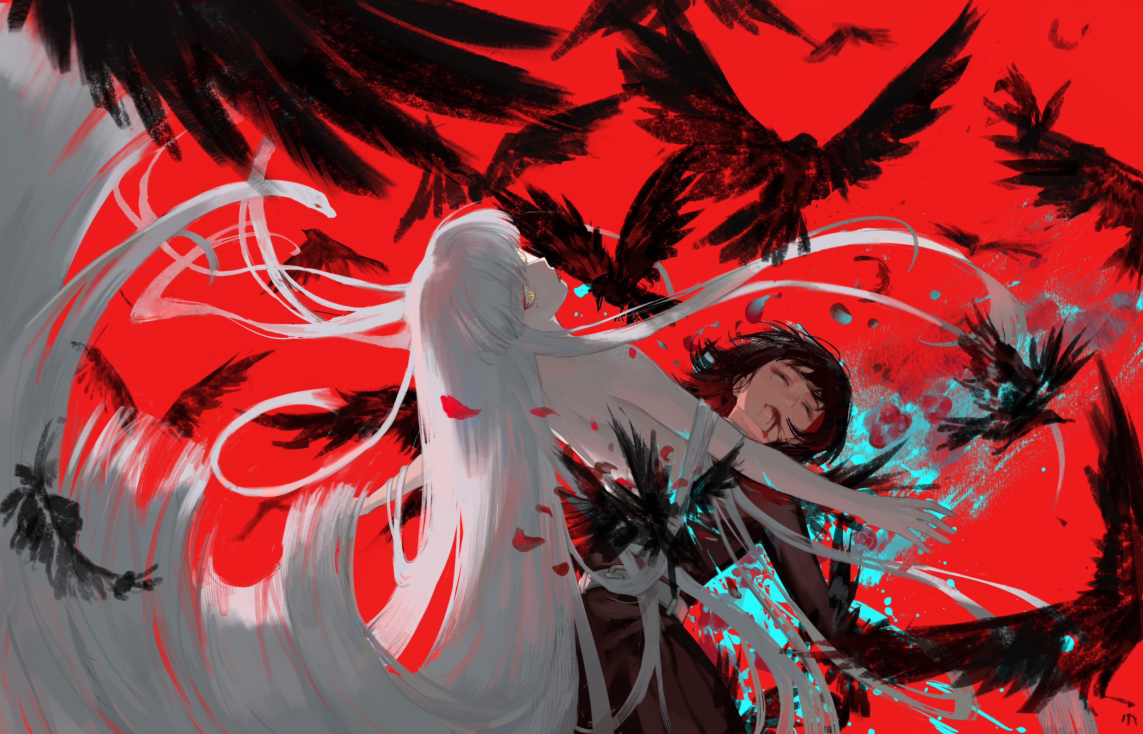original, absurdres, commentary, english commentary, highres, 2girls, ahuhu, aqua blood, arched back, belt, belt buckle, bird, black feathers, black hair, black vs white, blood, blood from mouth, blood splatter, blunt bangs, blunt ends, brown dress, buckle, closed eyes, closed mouth, conjoined, convenient censoring, cowboy shot, crow, dress, expressionless, eyeshadow, falling feathers, falling petals, feathers, from behind, lipstick, long hair, long sleeves, looking at viewer, looking back, makeup, mole, mole under eye, multiple girls, nude, pale skin, petals, red background, red eyeshadow, red lips, short hair, snake, snake hair, very long hair, white belt, white hair, white snake, yellow background