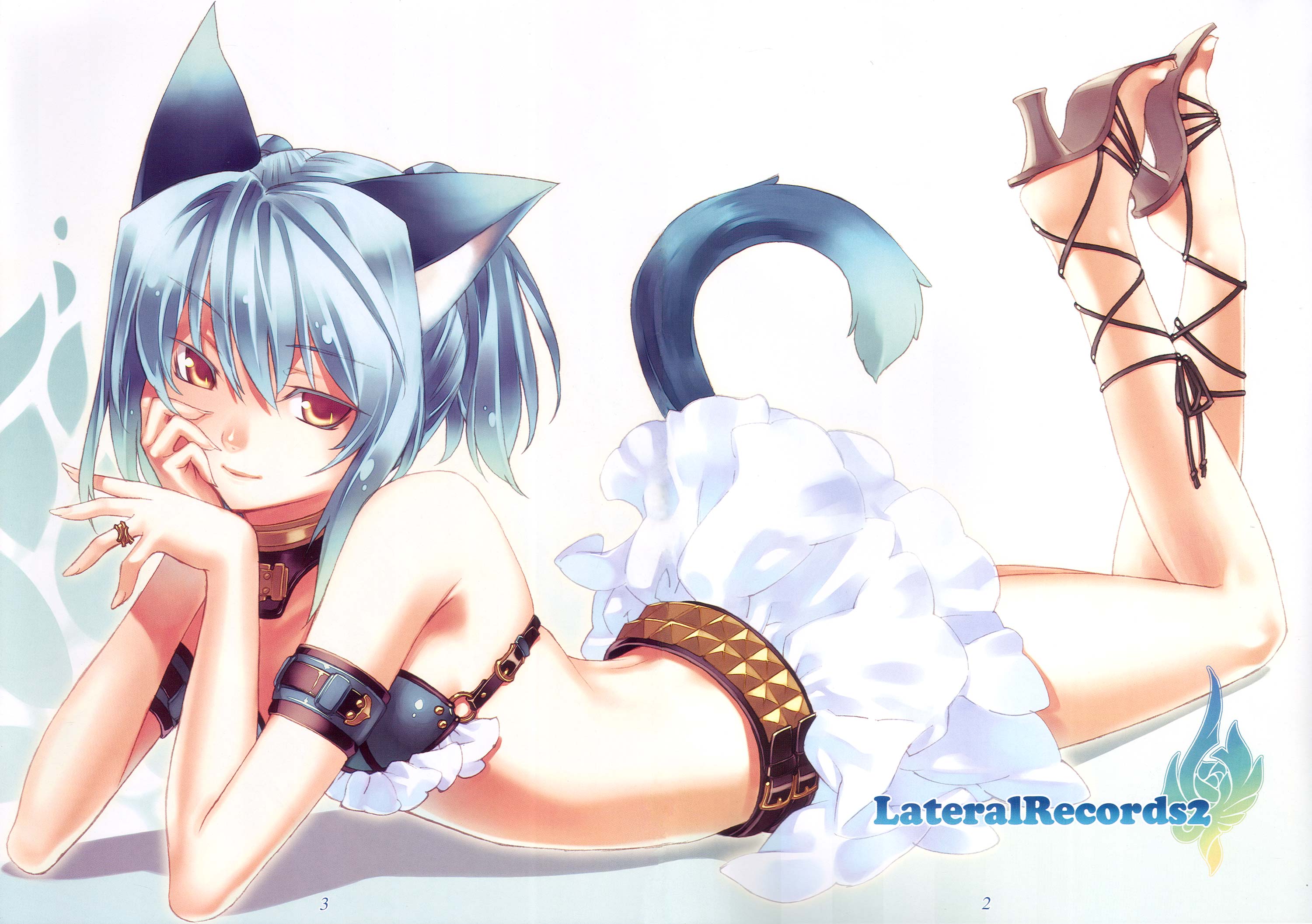 hirano katsuyuki, highres, non-web source, 1girl, animal ears, ankle lace-up, arm support, armor, belt, bikini, bikini armor, bikini skirt, bikini top only, blue hair, cat ears, cat tail, choker, colored eyelashes, eyelashes, female focus, flat chest, frilled skirt, frills, high heels, jewelry, lace-up heels, laces, lying, o-ring, o-ring top, o o, on stomach, open shoes, orange eyes, ring, shoes, skirt, solo, studded belt, swimsuit, tail