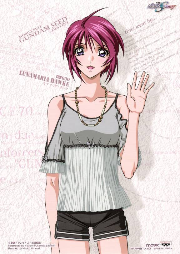 fukano youichi, lunamaria hawke, banpresto, gundam, gundam seed, gundam seed destiny, official art, 00s, 1girl, ahoge, casual, female focus, grey eyes, jewelry, logo, necklace, red hair, shorts, solo