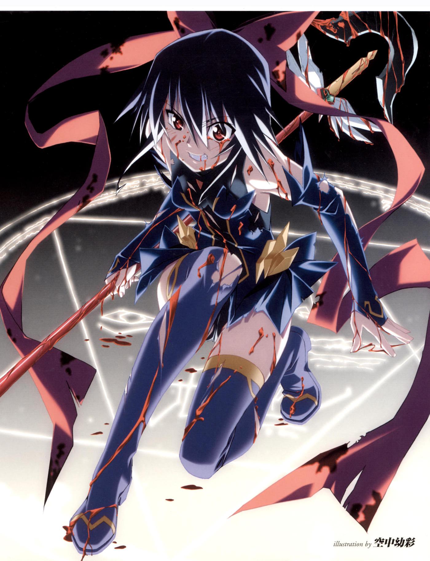 kagano ai, mahou shoujo ai, artist request, highres, 00s, 1girl, blood, blue hair, blue thighhighs, boots, bow, breasts, bridal gauntlets, female focus, full body, grin, hair bow, hair ribbon, kneeling, magic circle, magical girl, red eyes, ribbon, short hair, smile, solo, staff, thigh boots, thighhighs, torn clothes, zettai ryouiki