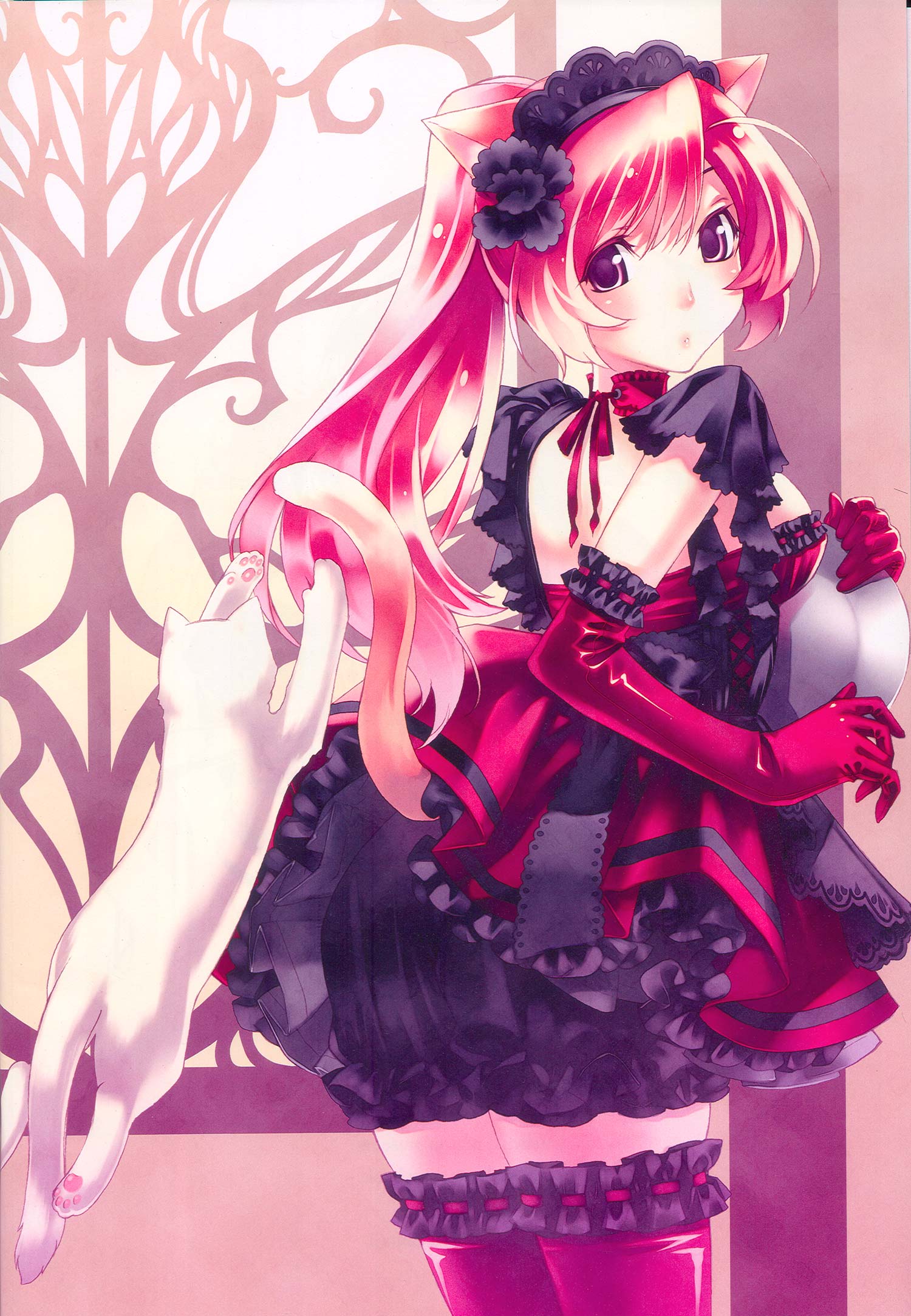 hirano katsuyuki, highres, animal ears, cat, dress, pink hair, purple eyes, solo, tail, thighhighs