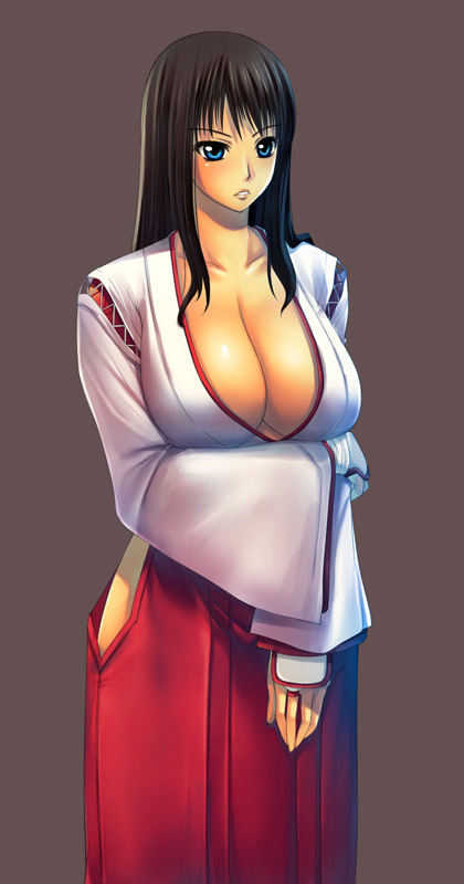 kongeraatio, bad id, bad pixiv id, 1girl, black hair, blue eyes, breasts, cleavage, female focus, hakama, hakama skirt, huge breasts, japanese clothes, long hair, miko, red hakama, skirt, solo