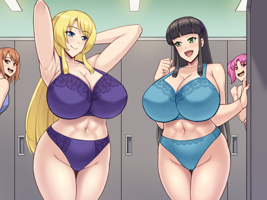 kawanuma uotsuri, irina (kawanuma uotsuri), saionji natsu, 4girls, breasts, huge breasts, locker, locker room, long hair, multiple girls
