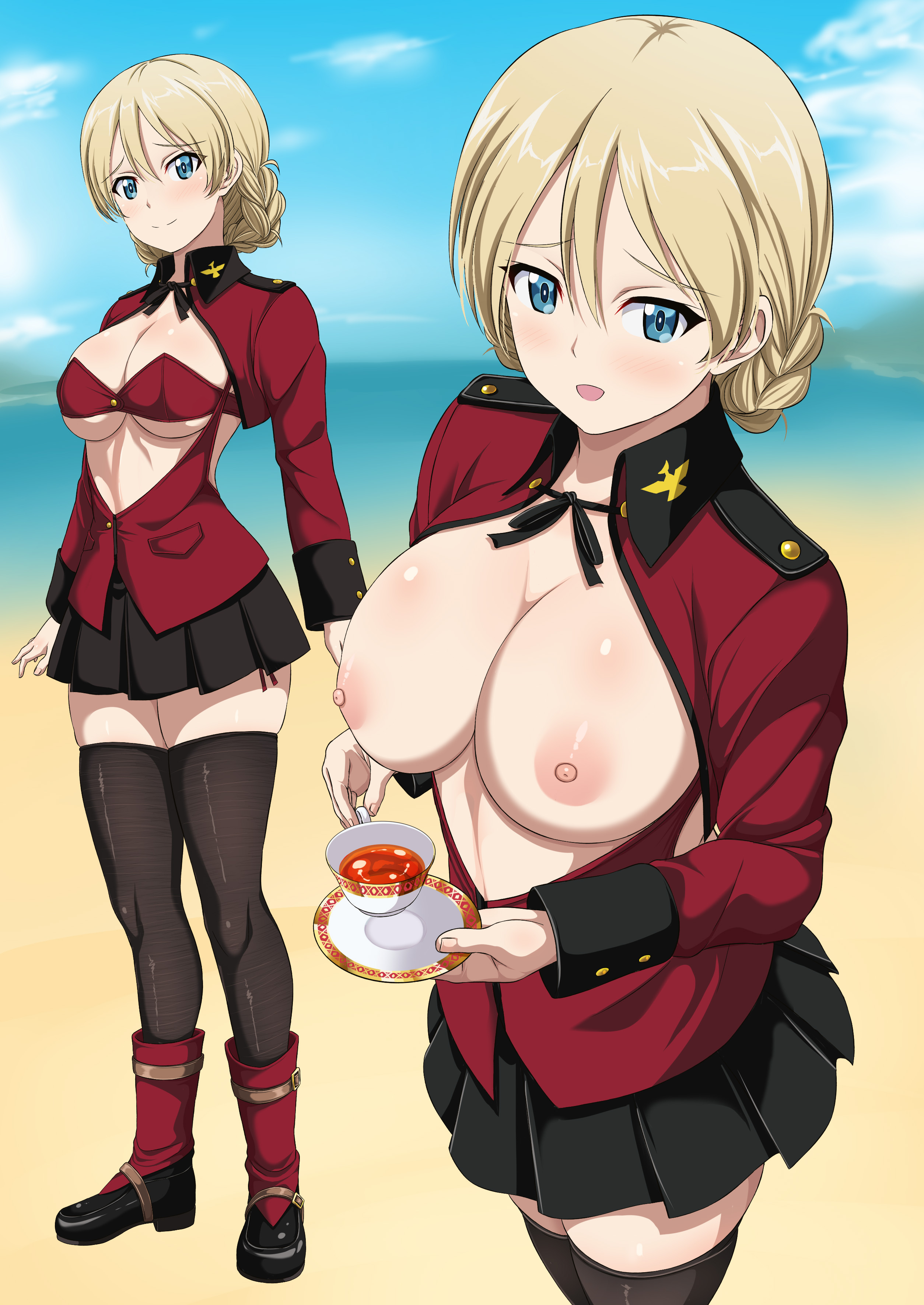 inoshira, darjeeling (girls und panzer), girls und panzer, 1girl, adapted costume, black ribbon, black skirt, black thighhighs, blonde hair, blue eyes, blue sky, bra, braid, breasts, breasts out, cleavage, cloud, cropped jacket, cup, day, full body, hair between eyes, holding, holding cup, holding plate, jacket, legs, long sleeves, military, military uniform, multiple views, neck ribbon, nipples, no bra, outdoors, plate, pleated skirt, red bra, red jacket, ribbon, sand, short hair, skirt, sky, st. gloriana's military uniform, standing, thighhighs, thighs, underwear