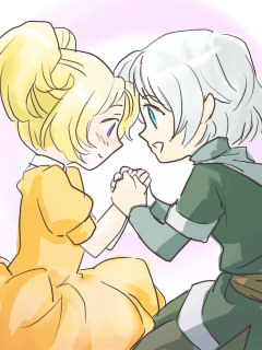 masu (artist), cecil harvey, rosa farrell, final fantasy, final fantasy iv, lowres, 1990s (style), 1boy, 1girl, aged down, aqua eyes, blonde hair, child, couple, dress, hetero, holding hands, masu, open mouth, purple eyes, qvga, retro artstyle, short twintails, smile, twintails, white hair