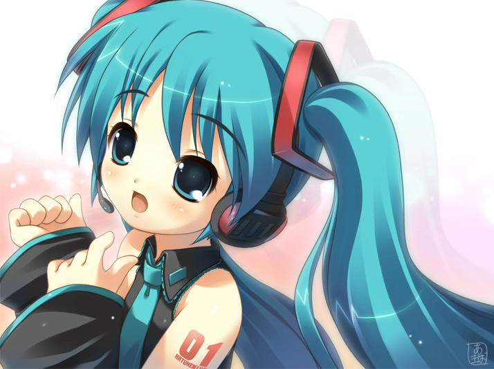 akiba hideki, hatsune miku, vocaloid, detached sleeves, headphones, long sleeves, solo, twintails