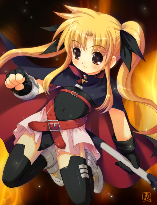 akiba hideki, fate testarossa, lyrical nanoha, mahou shoujo lyrical nanoha, 00s, belt, blonde hair, cape, child, fingerless gloves, gloves, red eyes, solo, thighhighs, twintails