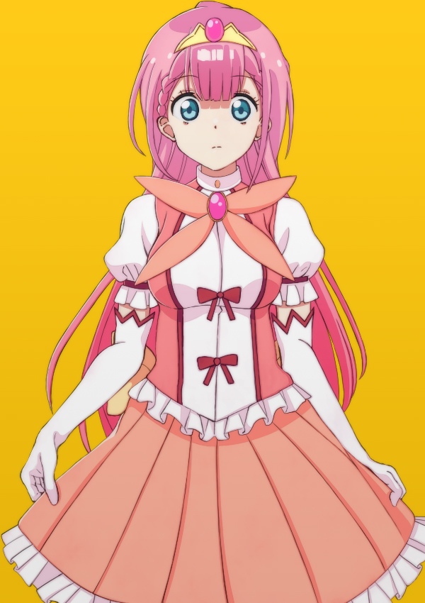 kirisu mafuyu, bokutachi wa benkyou ga dekinai, artist request, 1girl, aqua eyes, blue eyes, braid, breasts, clothes lift, cosplay, dress, elbow gloves, frilled skirt, frills, gem, gloves, jewelry, large breasts, long hair, magical girl, pink skirt, puffy short sleeves, puffy sleeves, short sleeves, skirt, skirt lift, solo, standing, tiara, twin braids, white gloves, yellow background