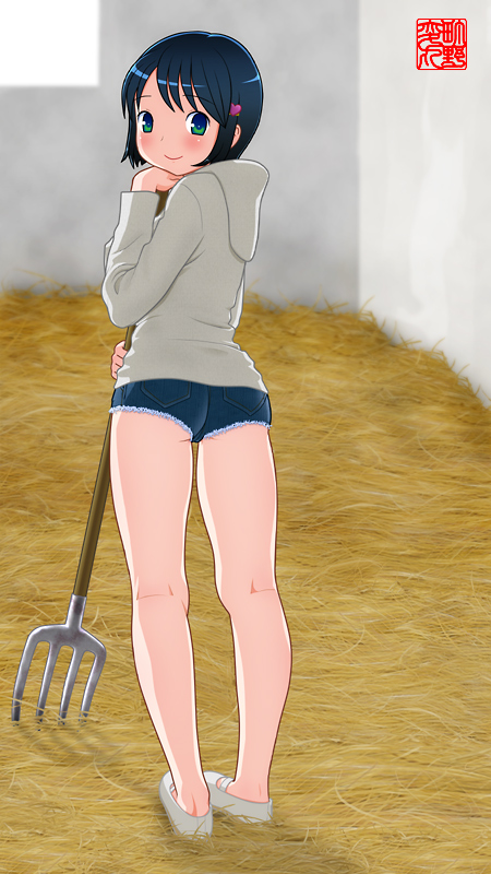 machino henmaru, 1girl, ass, barn, blush, denim, denim shorts, female focus, hay, holding, holding pitchfork, looking back, pitchfork, short shorts, shorts, smile, solo