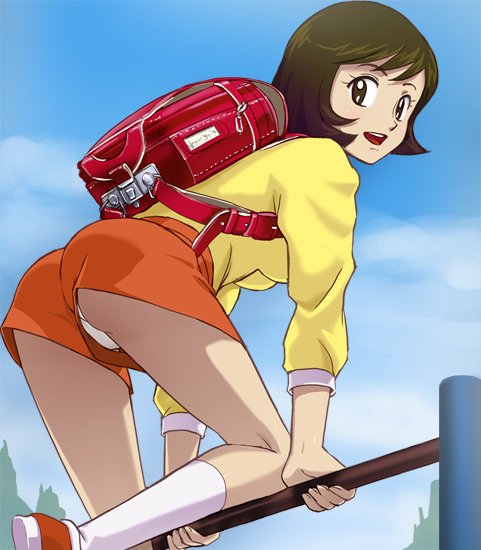 haruyama kazunori, kinouchi momoko, gaki deka, 1980s (style), backpack, bag, brown eyes, brown hair, oldschool, panties, randoseru, retro artstyle, school bag, short hair, shorts, solo, underwear, upshorts