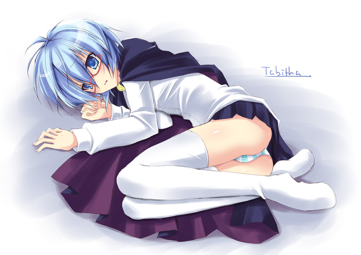 ruschuto, tabitha (zero no tsukaima), zero no tsukaima, 00s, 1girl, blue eyes, blue hair, character name, female focus, glasses, lying, matching hair/eyes, on side, panties, pentacle, short hair, solo, striped clothes, striped panties, thighhighs, underwear