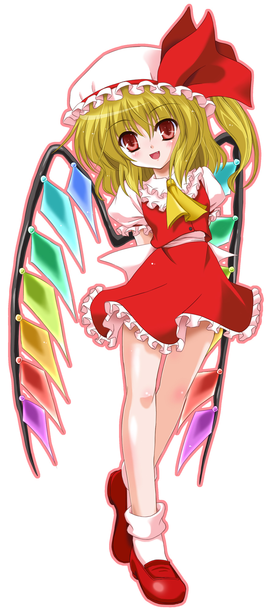 yamu (reverse noise), flandre scarlet, touhou, highres, 1girl, arms behind back, blonde hair, blush, dress, fang, female focus, full body, hat, hat ribbon, mob cap, one side up, red eyes, ribbon, side ponytail, simple background, skirt, socks, solo, standing, white background, wings