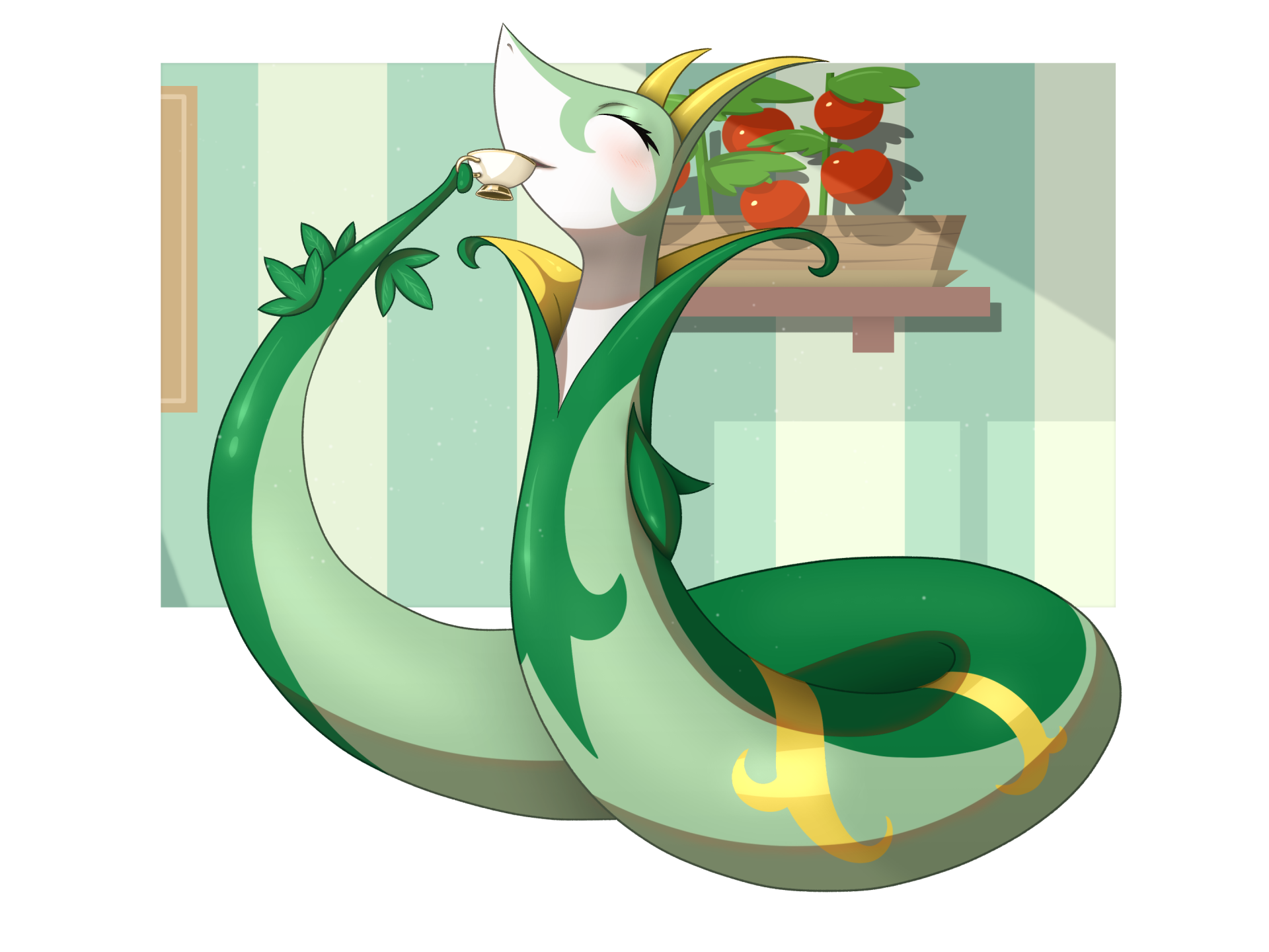 serperior, nintendo, pokemon, pokemon cafe remix, clip studio paint (medium), commentary, english commentary, highres, blush, closed eyes, cup, drinking, full body, gen 5 pokemon, indoors, moonlit-tear, no humans, pokemon (creature), solo, teacup, tomato